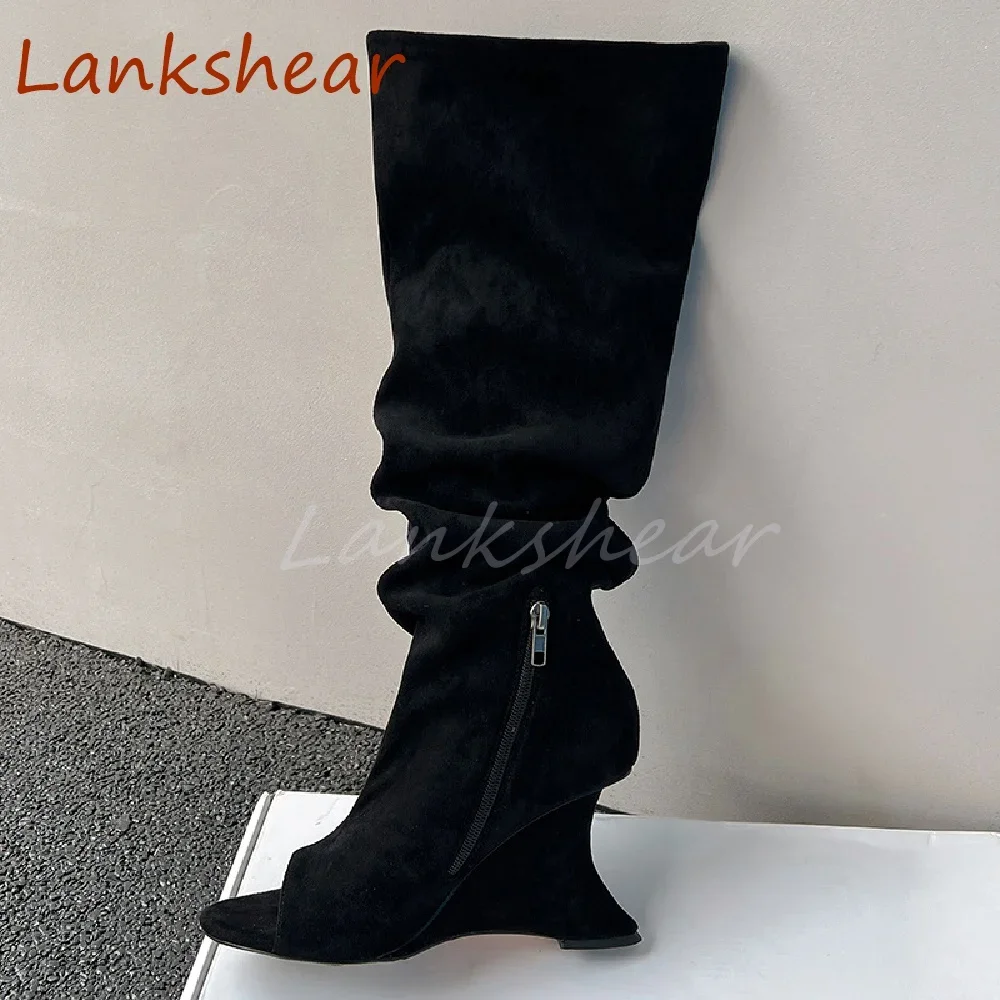 Open Toe Strange Style Women Boots Fashion Niche Design Knee High Zippers Plus Size Solid Summer Women Shoes New Arrivals