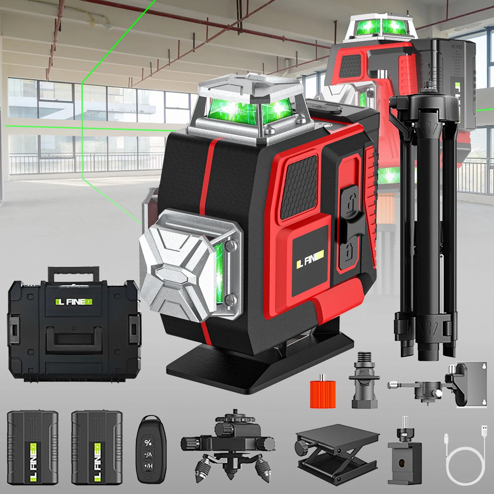 16-liniowy laser 4D z zieloną linią, samopoziomujący, 360°, do pomiaru poziomu i pionu, zielony wiązec, 2 sztuki, z baterią.
