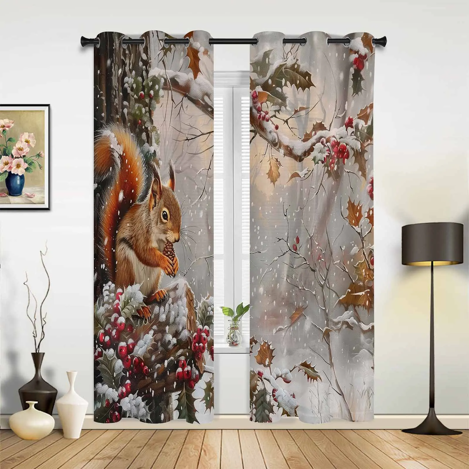 Christmas Winter Squirrel Berries Windows Curtains Living Room Luxury Decor Christmas Curtains Bedroom Kitchen Window Drapes