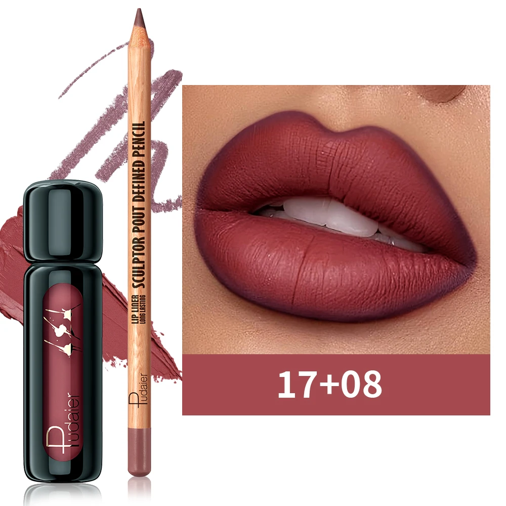 2PCS Matte Lip Liner and Lip Gloss Combo -Smooth Matte Lip Liners for Defined Contours & Moisturizing Silky Lip Mud for Clolor