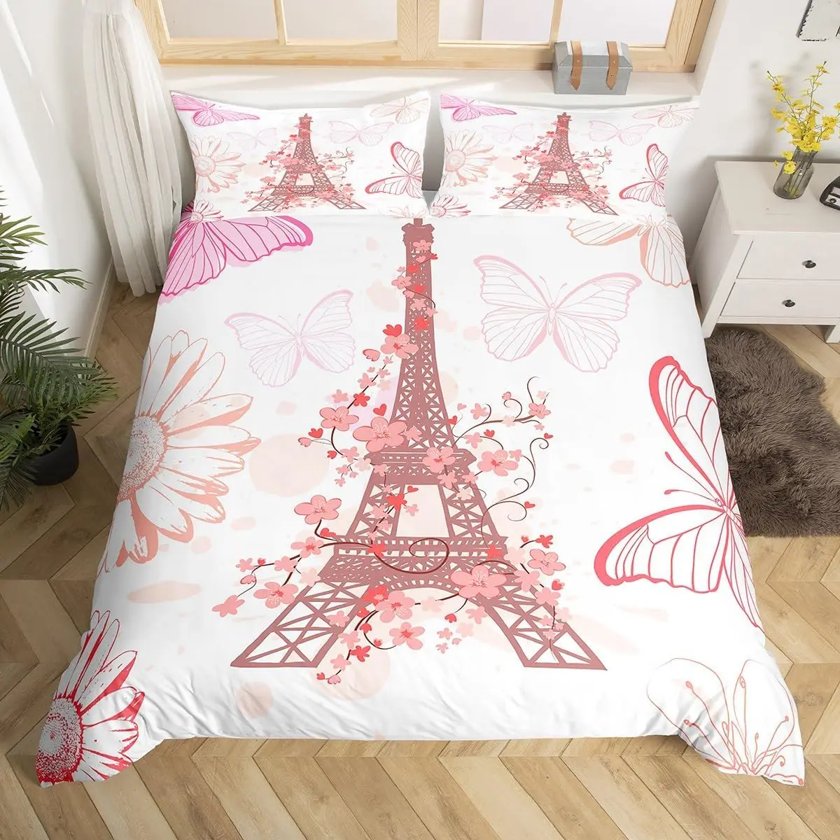 Eiffel Tower Bedding Set Pink Cherry Blossom Duvet Cover 3 Piece Abstract Art Comforter Cover Romantic Paris Dream Style Bedding