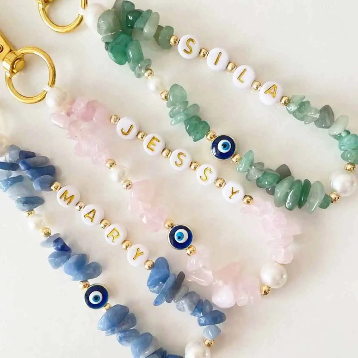 Personalized Custom Gemstone Keychain with Devil Eye