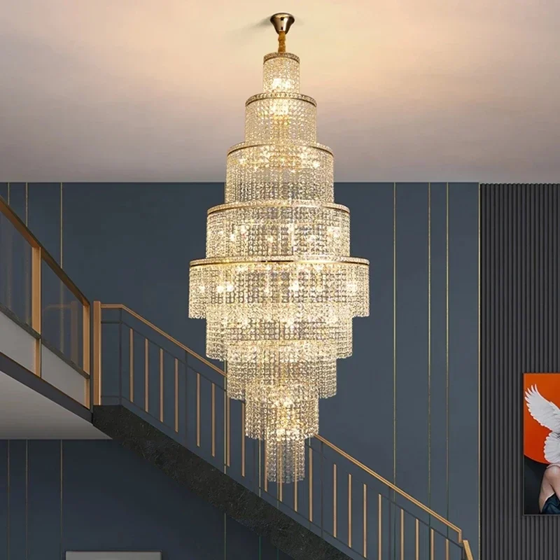 

Large LED Crystal Chandelier For Staircase Modern Ring Cristal Hanging Lighting Luxury Lobby Lustre Gold Creative Indoor Lamps