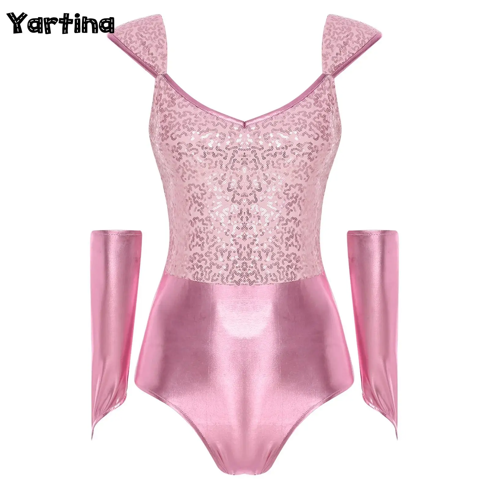 

Womens Gymnastics Leotards Bodysuit Cosplay Clubwear Costumes Glittery Sequin Metallic Shiny Rompers with Removable Sleeves