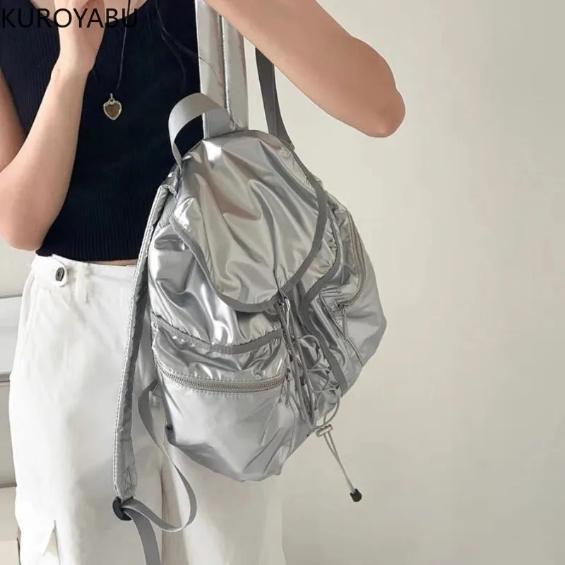 

Silver Y2k Backpack Soft Light Woman Backpacks Casual Waterproof School Bags Teenager Drawstring Nylon Designer Back Pack Bag
