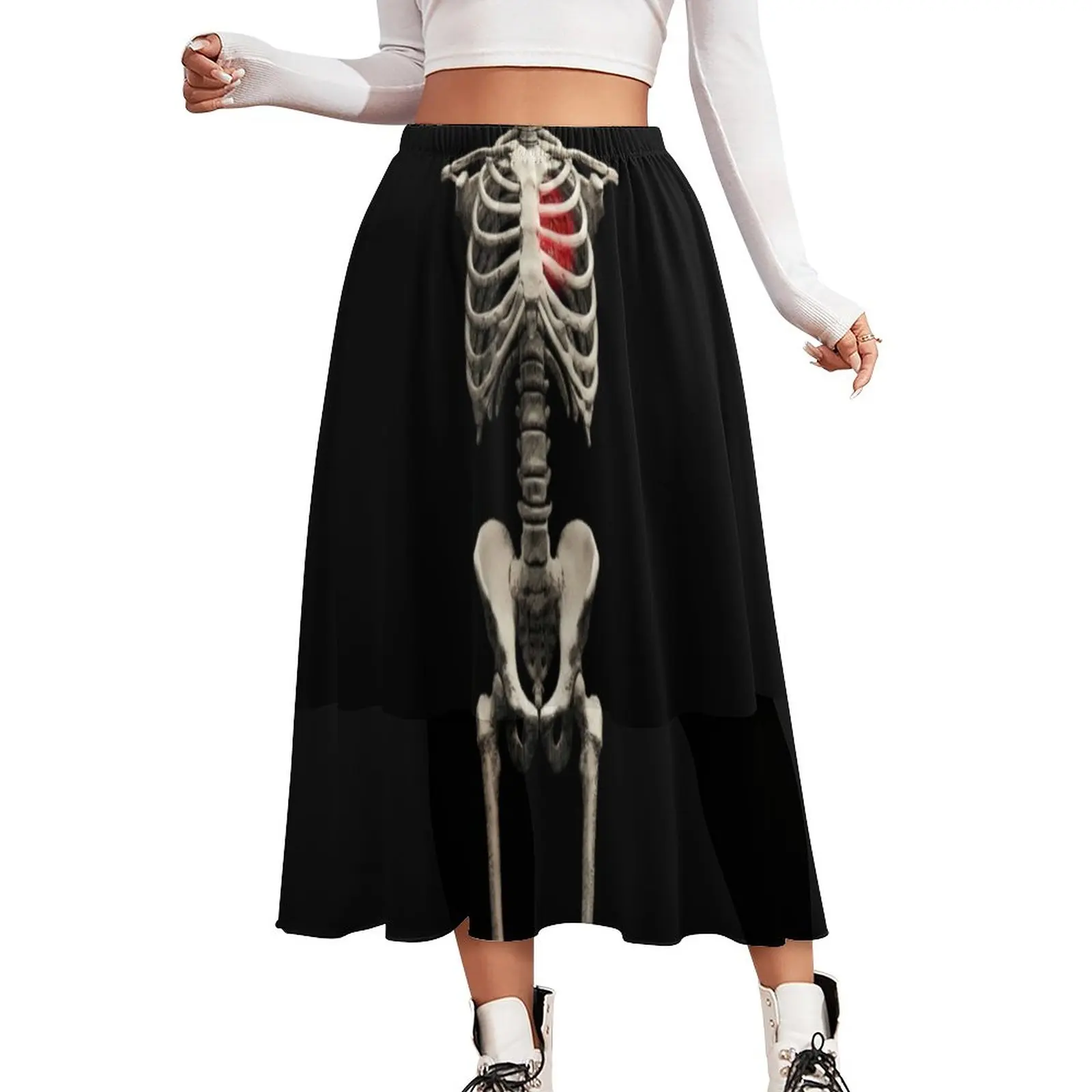 

Halloween Bones Chiffon Skirt Skeleton Art Heart Street Fashion Long Skirts Women Beach A-line Skirt Graphic Clothing Gift Idea