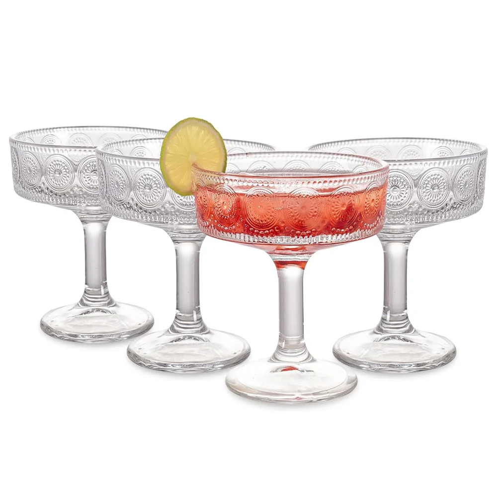 Vintage Coupe Glasses Set of 4, Romantic Embossed Floral Martini Glasses, Perfect for Champagne, Cocktail for Parties