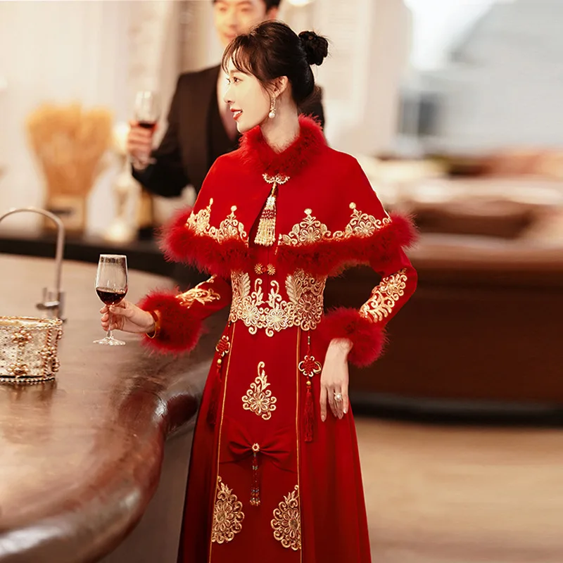 

Fashion Woolen Collar Shawl Cheongsam Appliques Mandarin Collar Chinese Braidal Wedding Xiuhe Winter Thick Formal Party Dress