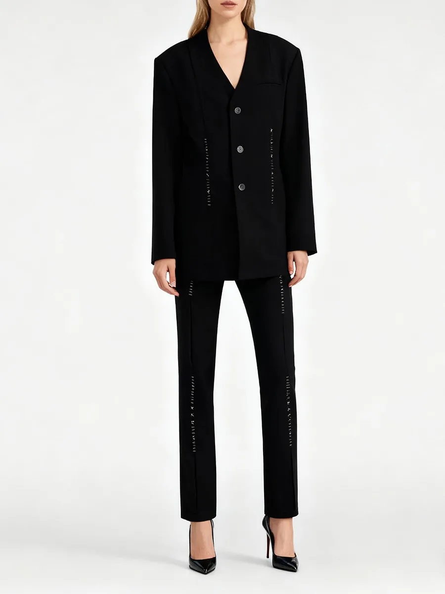 TWOTWINSTYLE التخسيس تقسم خط مشرق قطعتين مجموعات للنساء الخامس الرقبة طويلة الأكمام السترة عالية الخصر بانت مجموعة الموضة الإناث