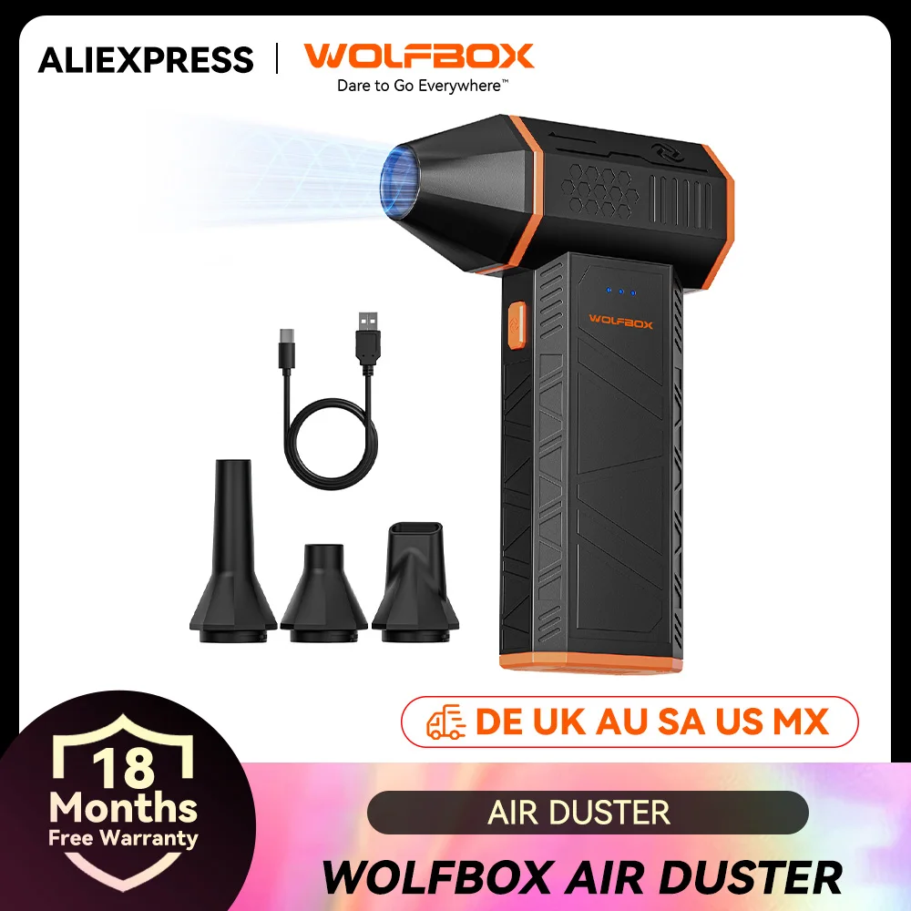 WOLFBOX MF50 Elektrische luchtstofdoek Luchtblazer- 110000 RPM Super Power, oplaadbare borstelloze motor met 3 versnellingen voor auto/pc/thuis/buiten