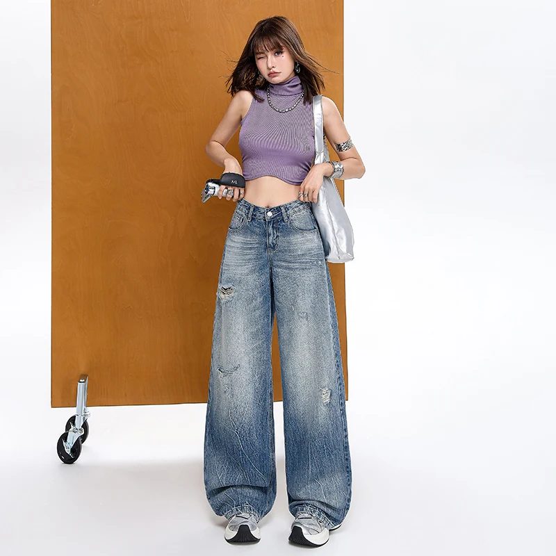 

American-style ripped jeans for men and women, vintage distressed loose-fit washed straight wide-leg pants, floor-length pants,