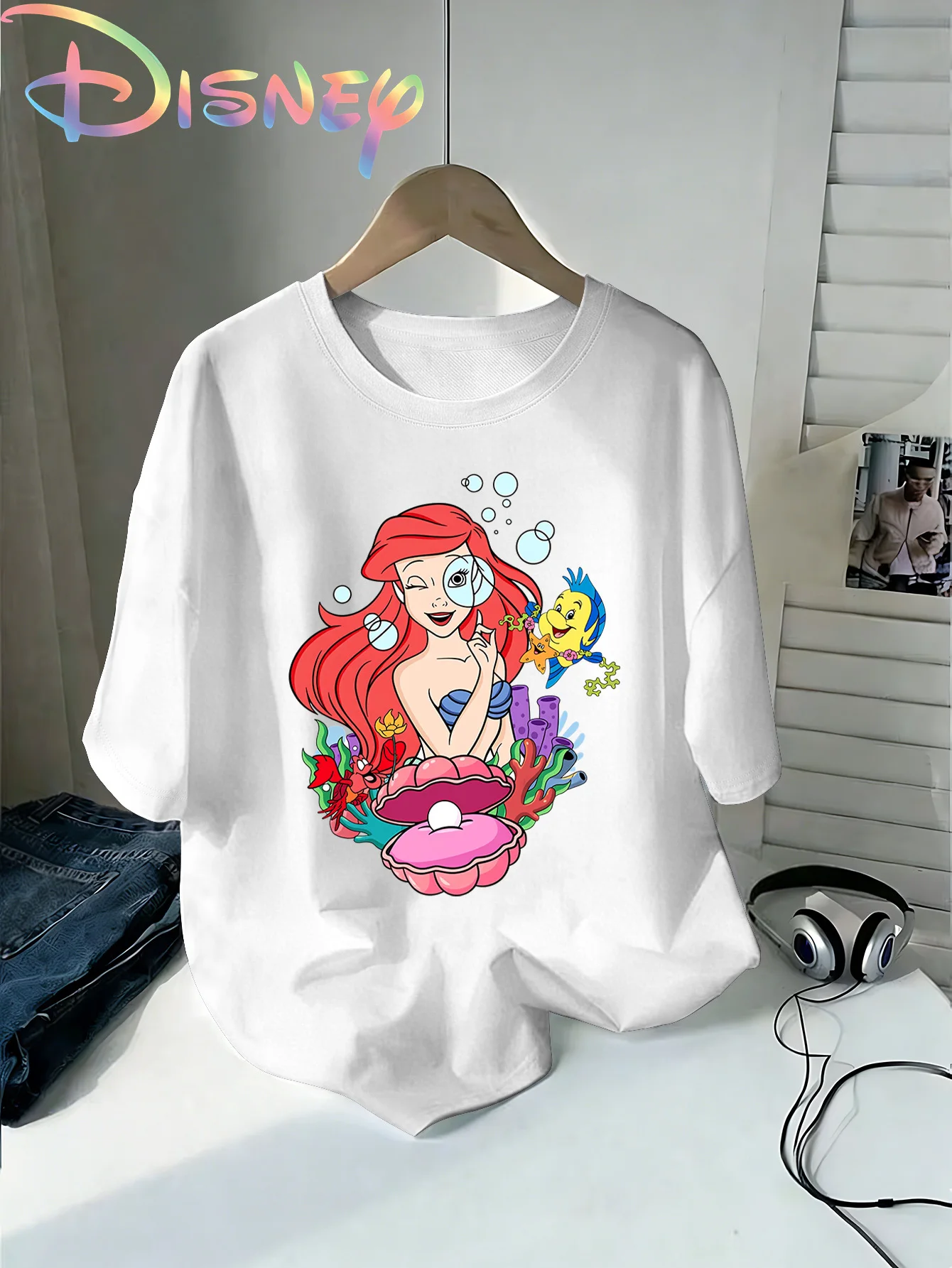 Camiseta de princesa de Disney para Ariel, nuevo modelo, ropa con personalidad, talla grande, ropa para todo el año, unisex, alta calidad