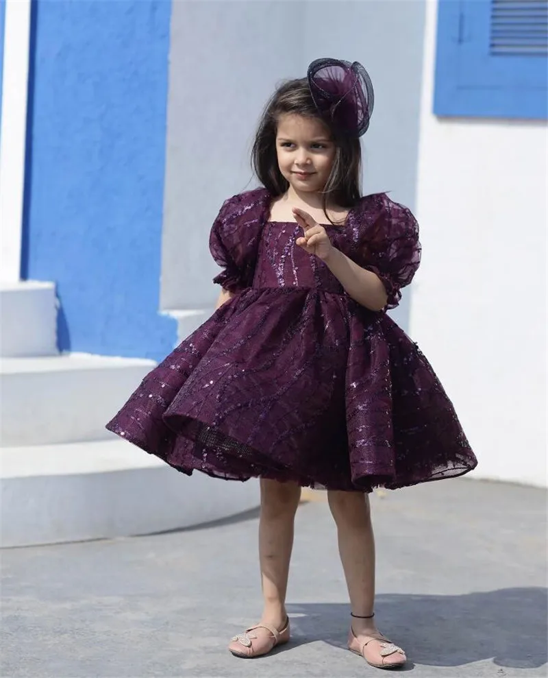 

New Wine Flower Girls Dress for Wedding Glitter Organza Princess Handmade Party Prom Gown Girls Birthday Dress