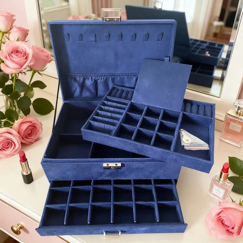 2026 Bestselling Large-capacity Velvet Jewelry Box with Three Drawers Suitable for Storing Earrings Necklaces and Other Jewelry