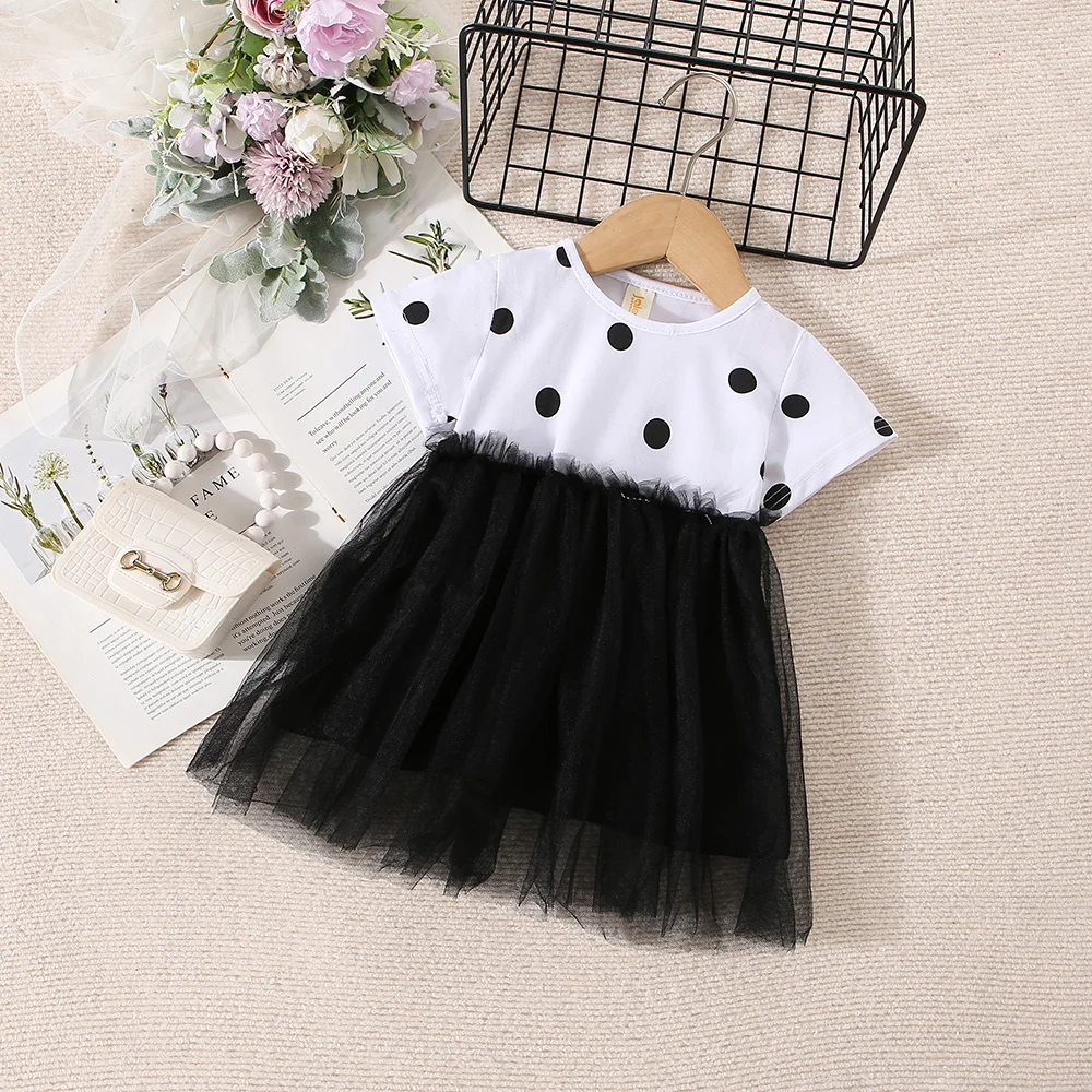 

Summer New Girls' Polka Dot Short Sleeved Top Suitable For 0-2 Year Old Baby Girls With Solid Color Patchwork Mesh Skirt