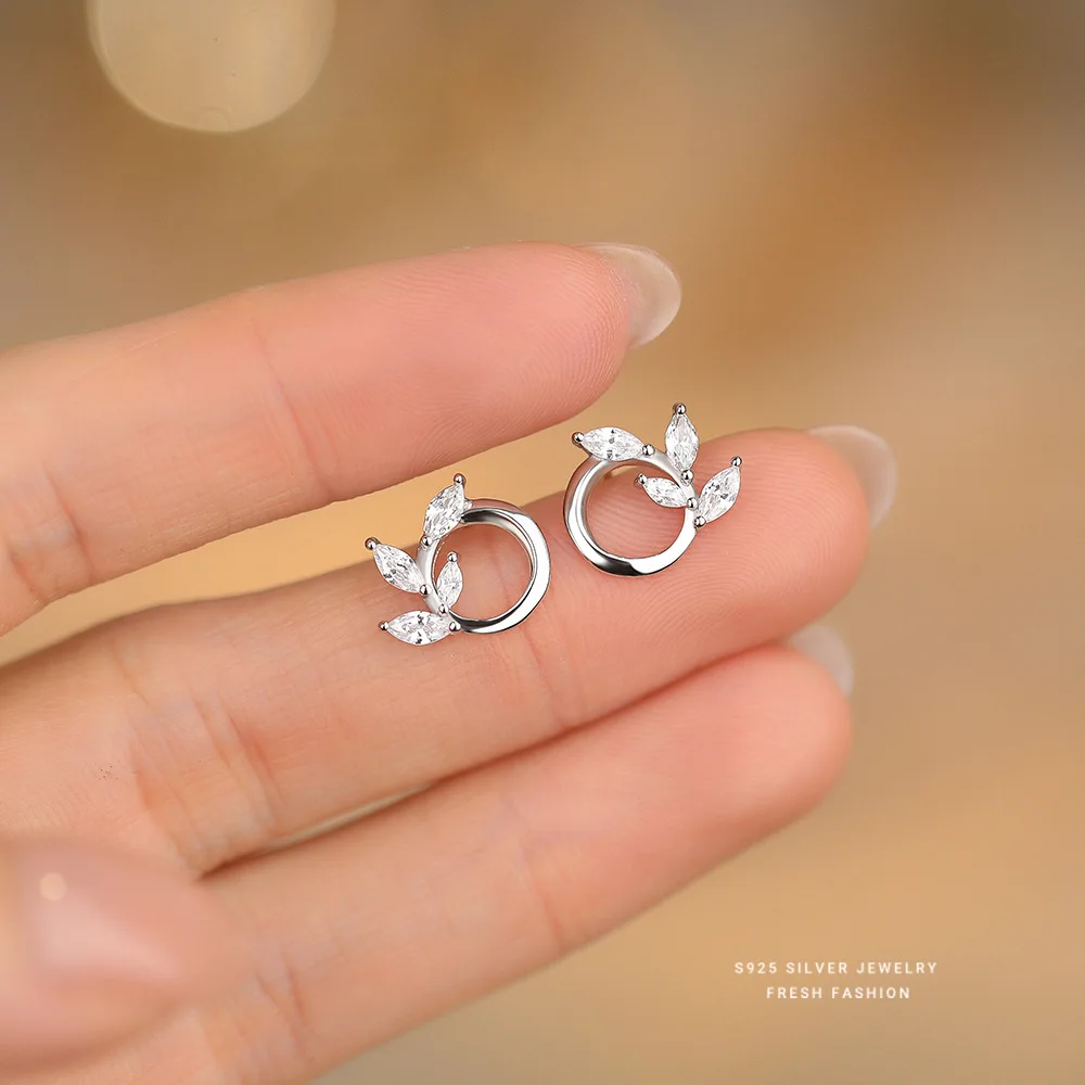 SOFTPIG ريال 925 فضة الزركون يترك أقراط مستديرة للنساء الكلاسيكية غرامة مجوهرات الحد الأدنى اكسسوارات