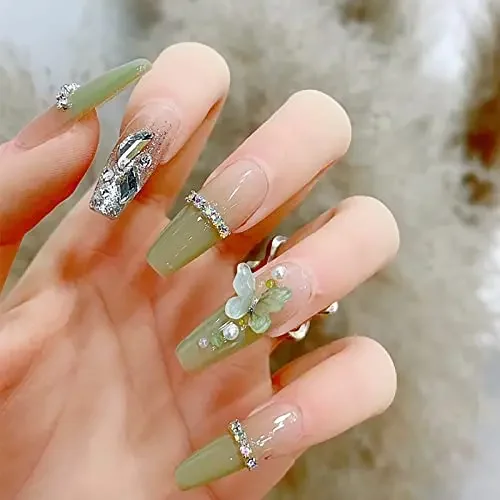 Coffin Press on Nail Long Fake Nail Green Glue on Nail 24Pcs Ballerina Stick Butterfly Rhinestone Design Acrylic Nail  for Women