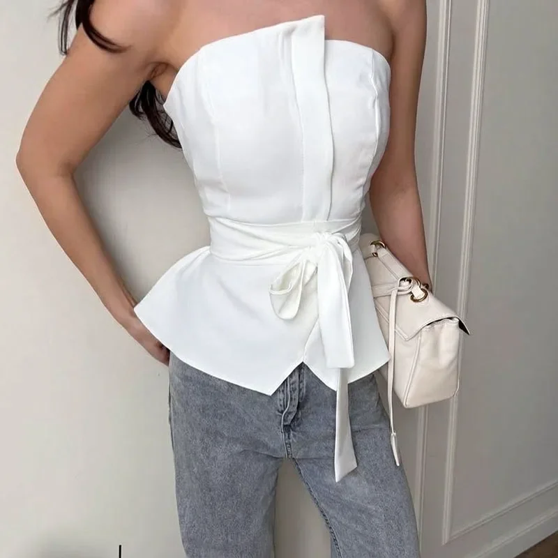Chic Sexy Solid Lace Up Waist Tees Fashion Off Shoulder Sleeveless Shopping Date Vest New Elegant Irregular Strapless Split Pull
