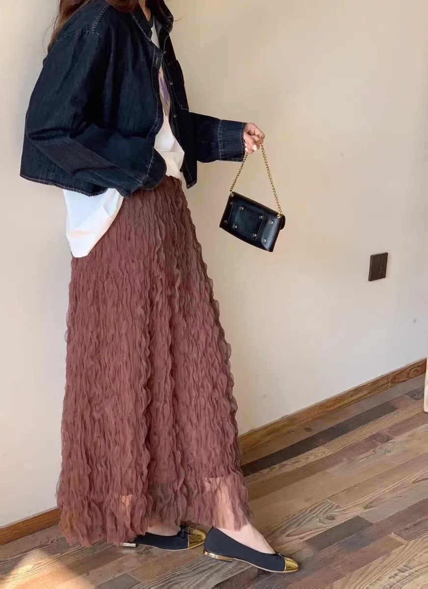 2026 Women's Spring New Trendy Loose Casual Pleated Long Skirts Female High Waist Wrinkles Elegant Beach Vacation Skirts