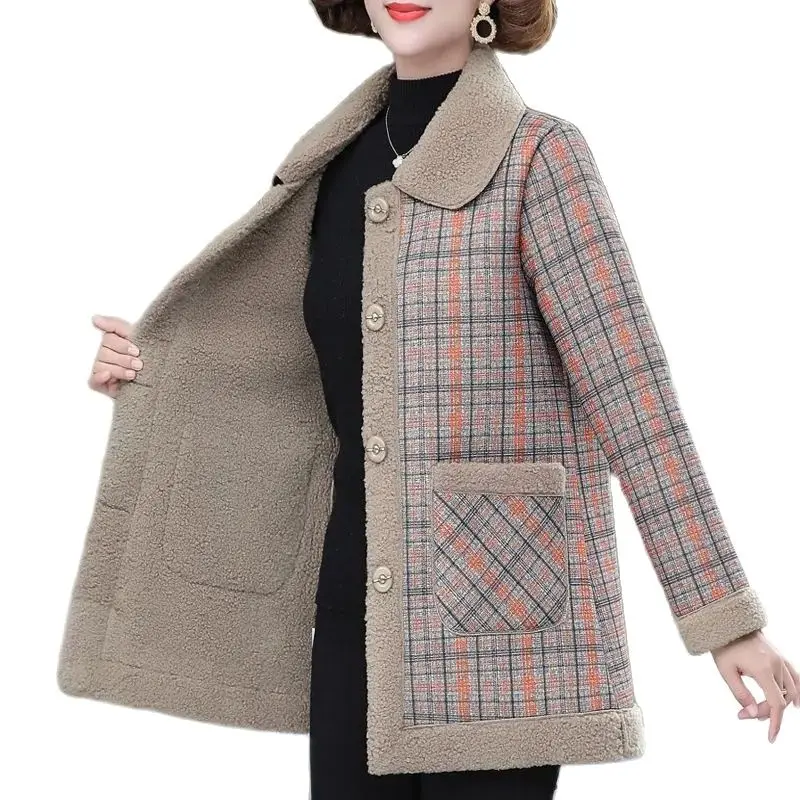 

Middle-Aged Women's Lamb Fleece Coat 2023 New Autumn Winter Jacket Add Thick Keep Warm Granular Velvet Plaid Outerwear Female