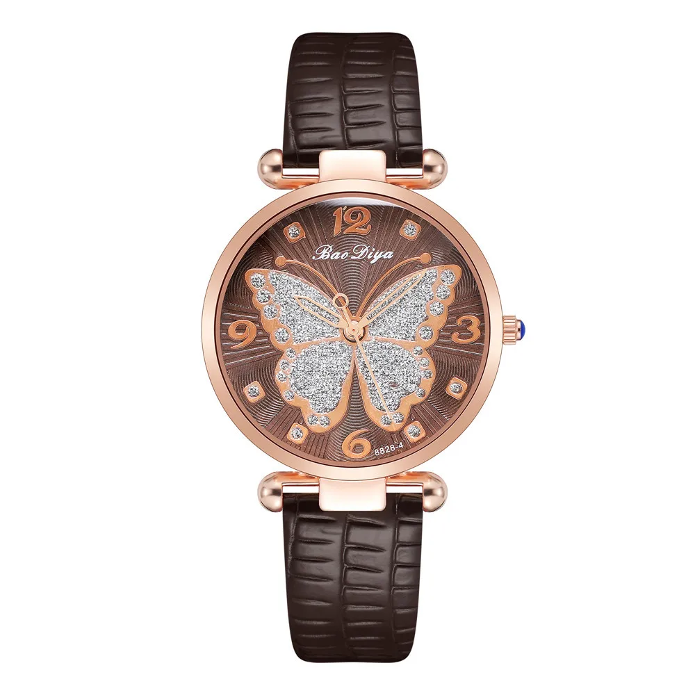 New Butterfly Watch For Women Pink Leather Strap Rhinestone Ladies Wristwatch Casual Luxury Quartz Female Watches montre femme