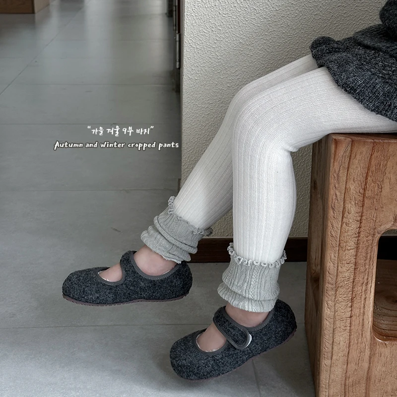 Sweet Girls Thin Fleece Lined Rolled Edge Color Block Nine-Point Pants Elastic Waist Stretchy Soft Warm Lovely Bottoms For Daily