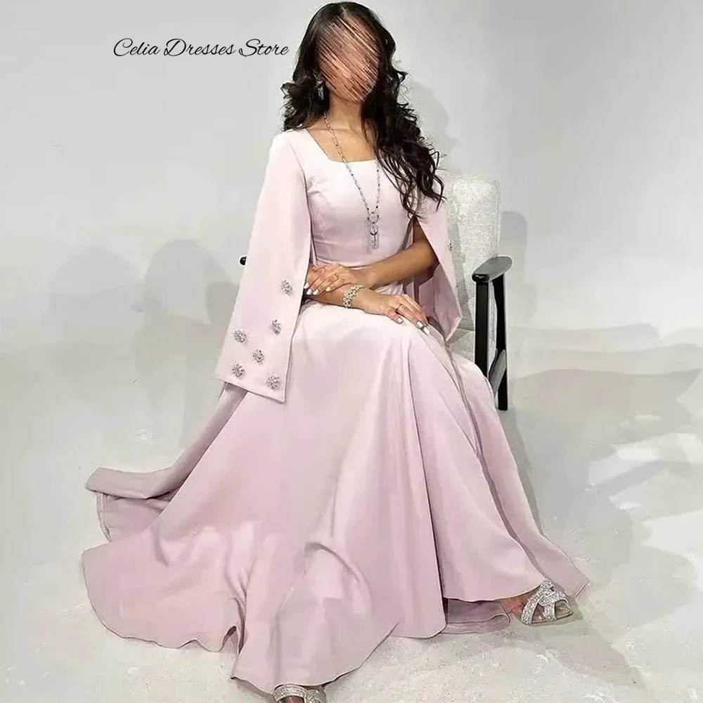 Elegant Pink A-Line Jersey Evening Dress Simple Square Neck Long Sleeves Customized Homecoming Dresses Crystal Celebrity Gowns