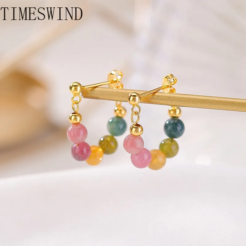 

TIMESWIND Аутентичные многоцветные круглые бусины из турмалина S925, серебряные женские серьги, модные украшения с сертификатом
