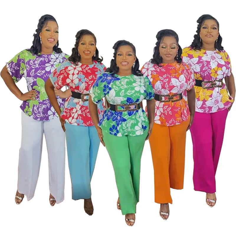 

Новые женские модные повседневные топы с короткими рукавами и брюки ярких цветов, женские элегантные длинные брюки, осенние новые комплекты из 2 предметов с поясом