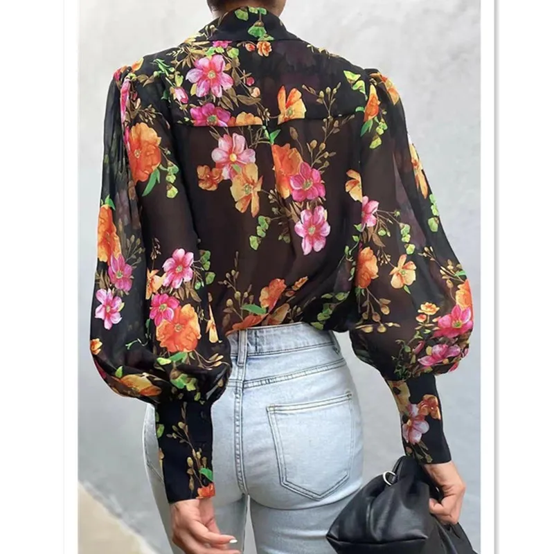 New Casual Loose Chiffon Long Sleeve Floral Leopard Print Shirt for Women Tops Clothes