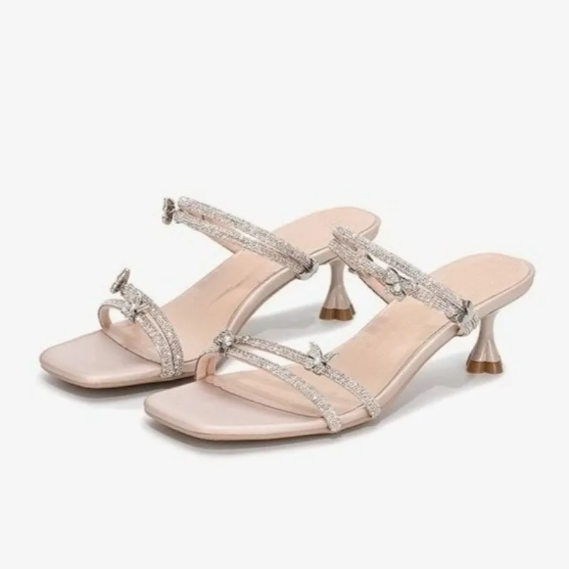 Two-Wear Stiletto Sandals Autumn New Square Toe Rhinestone Clear Strap Anti-Slip Wear-Resistant Kitten Heels