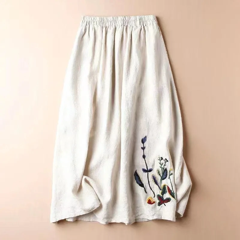 

Cotton Linen Skirt for Women 2023 Summer New Embroidery Black Skirt Solid Casual Loose Elastic Waist A-LINE Women's Long Skirts