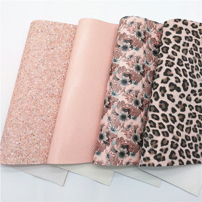 Pink Chunky Glitter Leather Flowers Printed Synthetic Leather Vinyl Leather Sheets Leopard Suede For Bows DIY 21x29CM Q1034