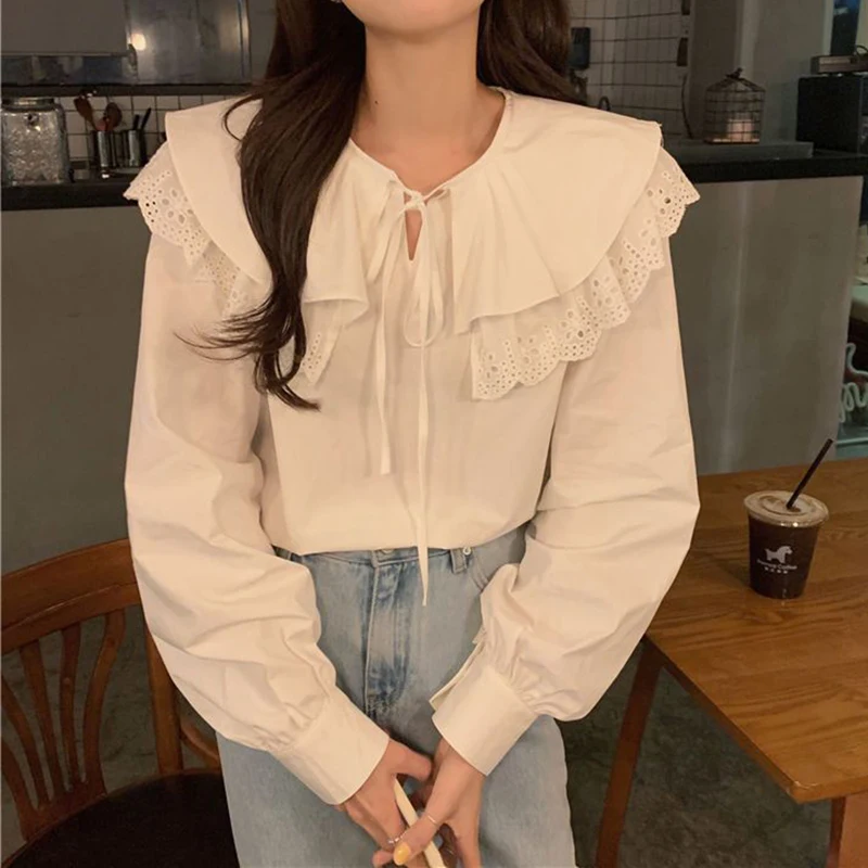 Sweet Peter Pan Collar Shirt Women Korean Chic Preppy Style Long Sleeve Tops Spring Fashion New Lace Up White Blouse Female