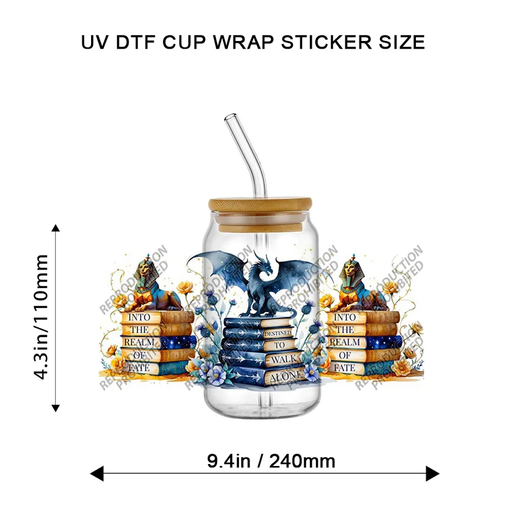 Booktrovert Theme UV DTF Wrap Transfer Stickers for 16oz Libbey Glass Floral Book Stack Anti-scratch DIY Application Decal