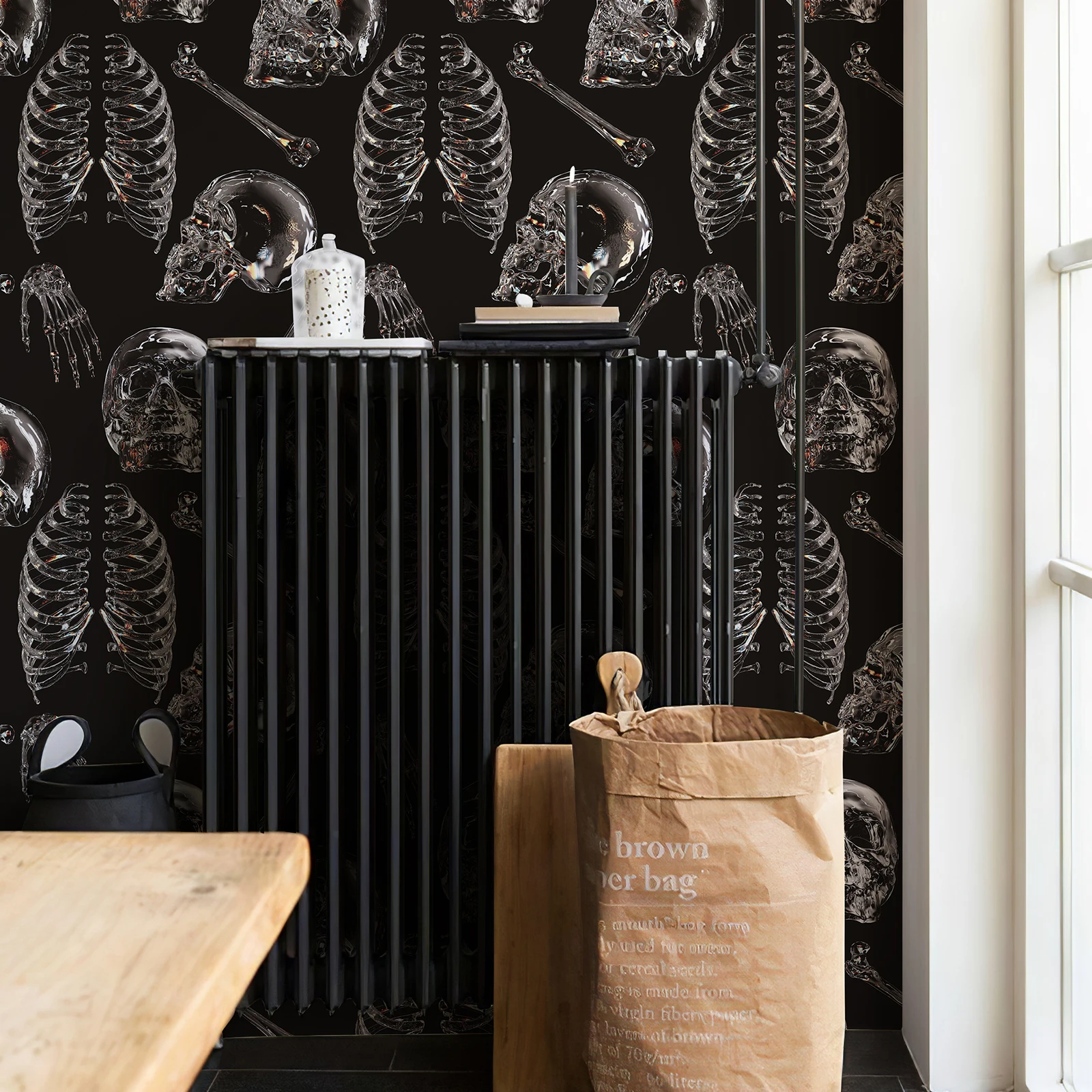 Dark Colored Glass Skull Wallpaper Chic Black Transparent Skeleton Wall Contact Paper Halloween Festival Self Adhesive Wallpaper