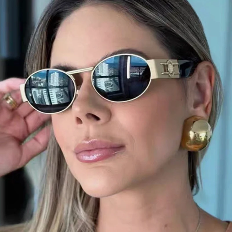 

New Vintage Oval Sunglasses Woman Luxury Metal Frame Wide-legged Sun Glasses For Ladies Round Punk Eyewear Traveling Shades