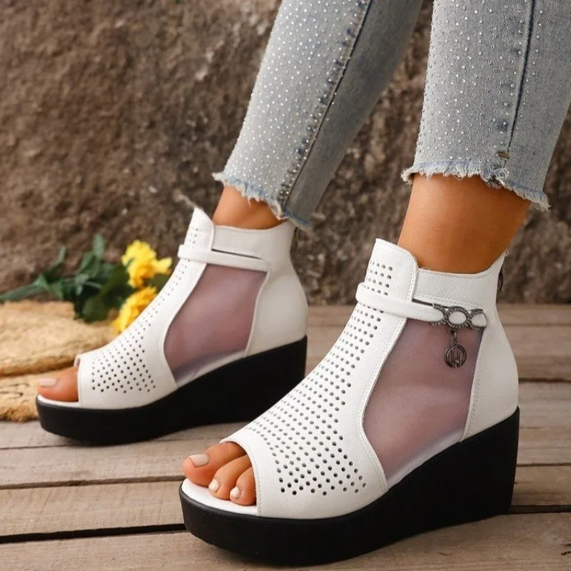 Botines de cuña para mujer con punta abierta, plataforma, malla perforada, recortes, cremallera trasera, estilo casual, aspecto de cuero, sandalias de verano