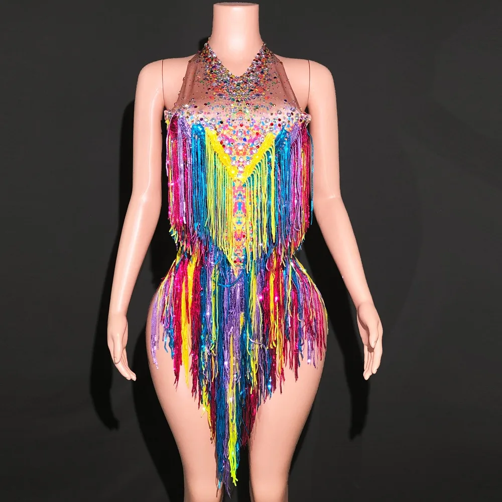 Colorful Full Rhinestone Tassel Bodysuit Floral Jumpsuit Shiny Stage Costume For Performance Dance Singer And Competition Show