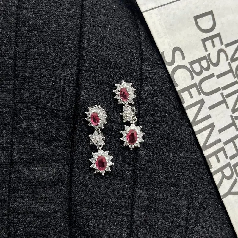 925 sterling silver long red zircon earrings exaggerated French retro light luxury exquisite high-end temperament accessories