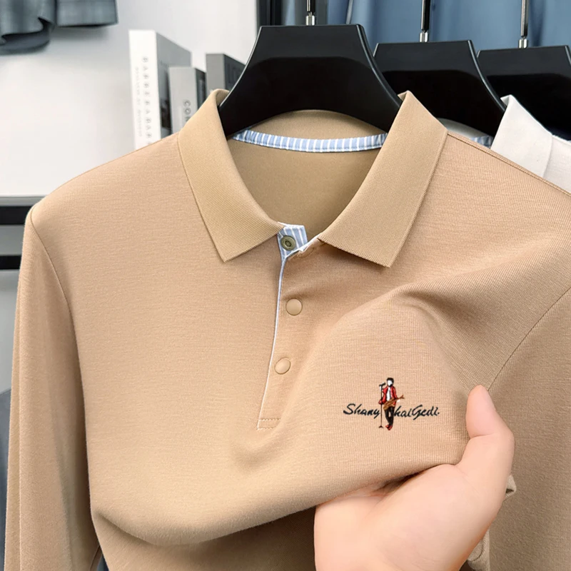 Luxury Man Long Sleeves Polo Shirt Autumn New British Style Embroidery Lapel Long Sleeved Pullover Business Leisure Men's Wear
