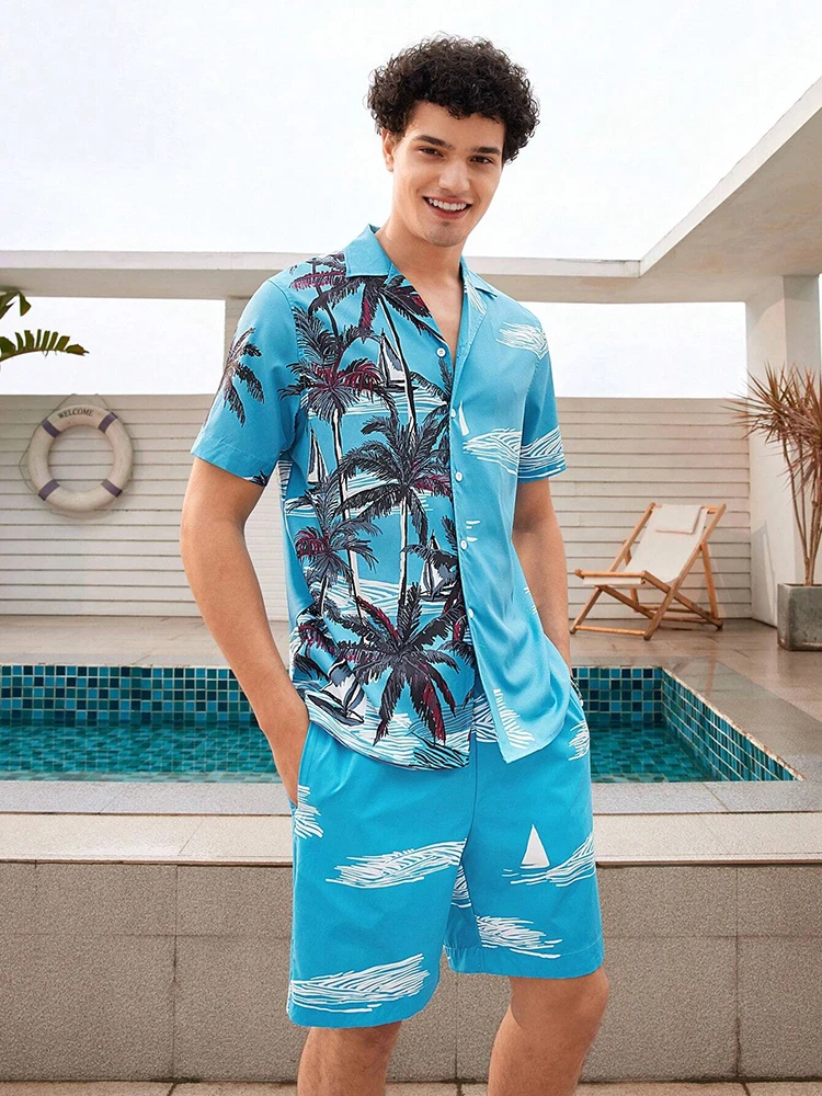 Conjunto de camisa de manga curta e shorts de praia masculino, férias havaianas, casual, elegante, confortável, verão