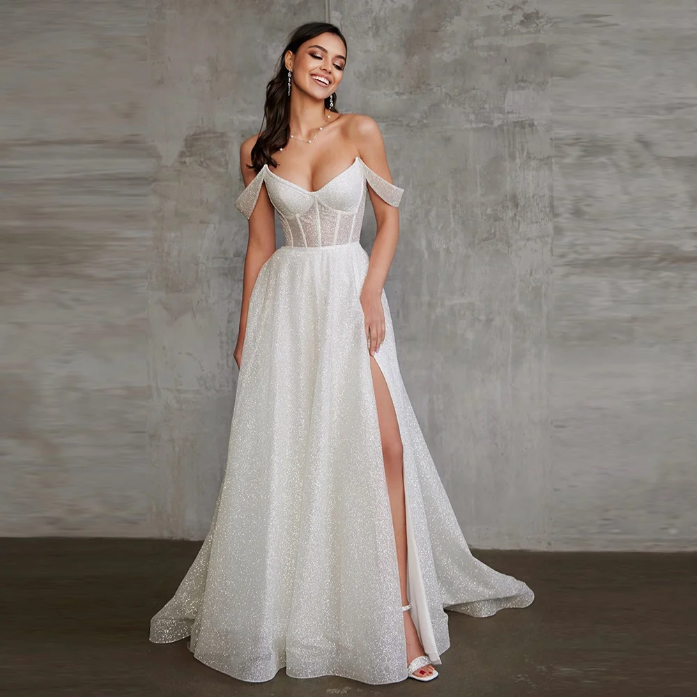 

Charming Off-Shoulder Sequins Shiny A-line Lace up Prom Party Dress Backless Prom Gown with Side Slit Court Vestidos De Novia