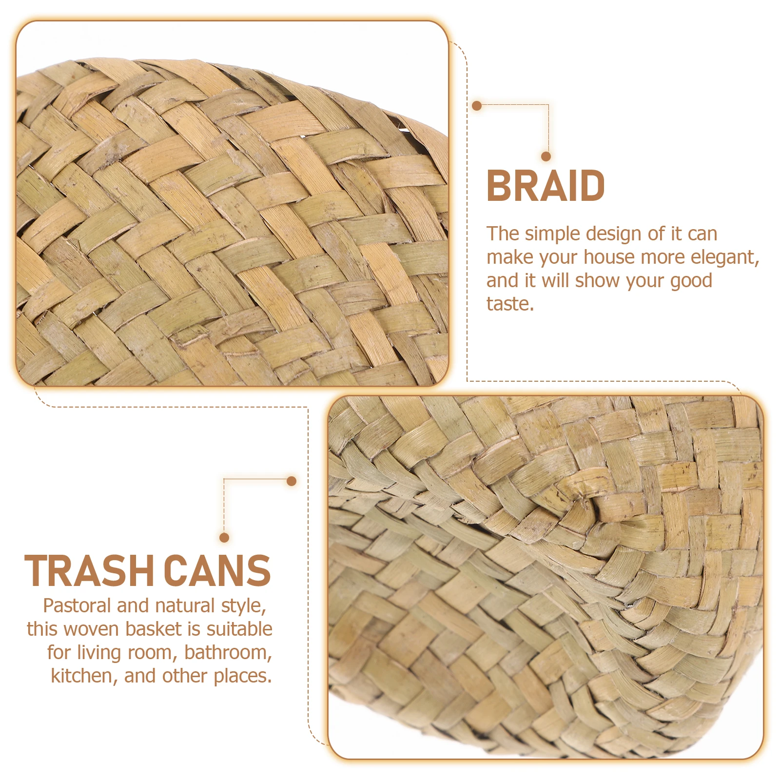 

Seaweed Woven Trash Can Mini Hamper Basket Straw Storage Oval Waste Seagrass Home Organizing Multifunctional Laundry Storage