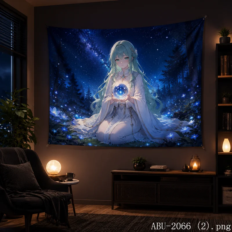 VIKAMA Starry Forest Spirit Tapestry Teal Hair Magic Crystal Night Floral Wall Hanging Calm Aesthetic Bedroom Decor