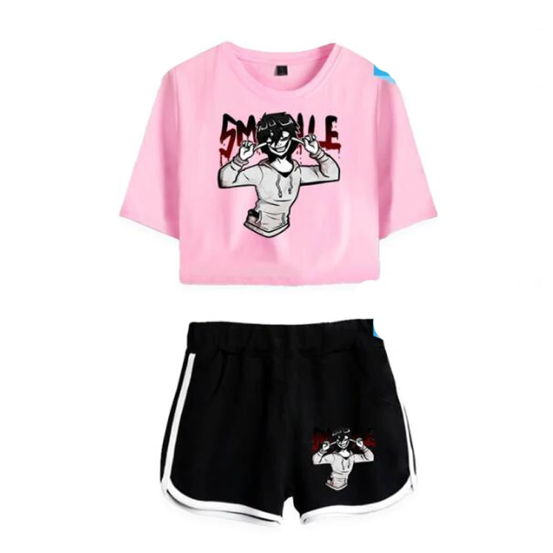 

Summer Track Suit Women 2 Piece Set Creepypasta Crop Top Shorts Two Piece Outfits Casual Ladies Tracksuit Sportwear Twopiece