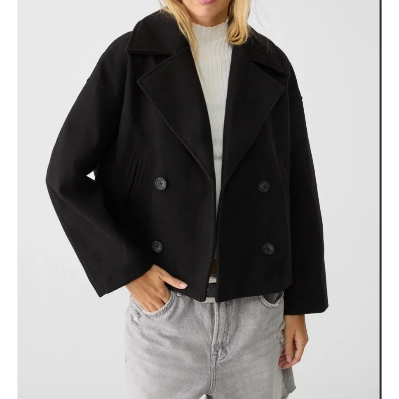 Women's Oversized Double Breasted Wool Blend Peacoat Brown Short Coat Casual Outerwear