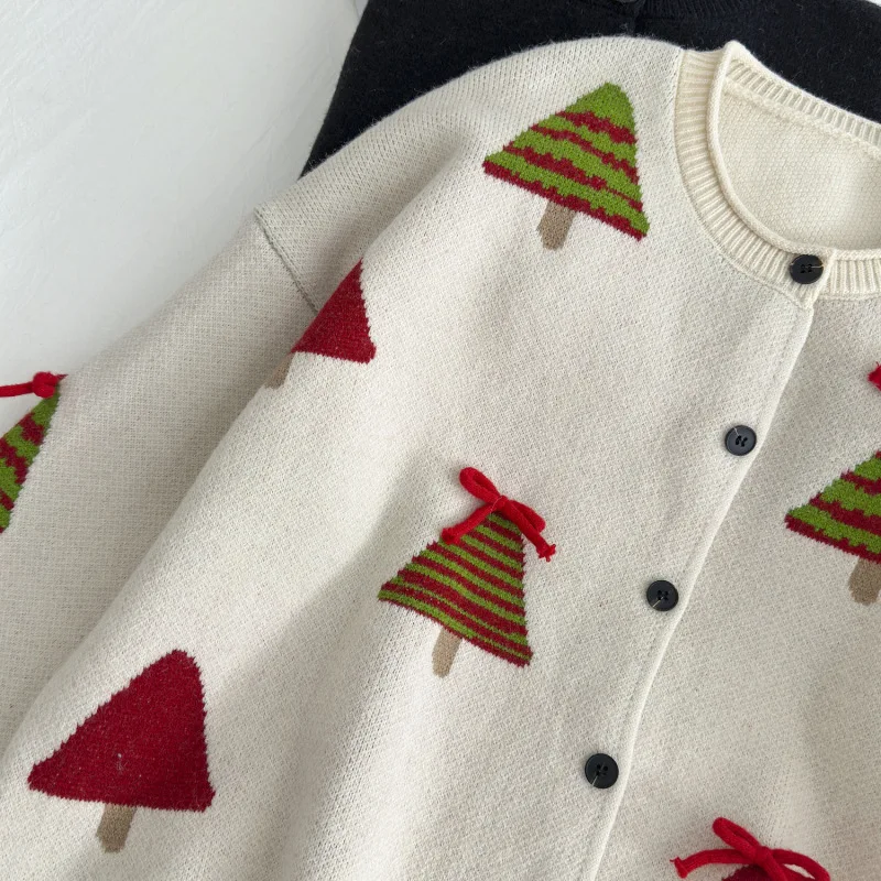 Cardigan lavorato a maglia jacquard albero di Natale per donna 2025 Inverno Nuovo stile pigro Cappotti monopetto Maglione a maniche lunghe con scollo a O