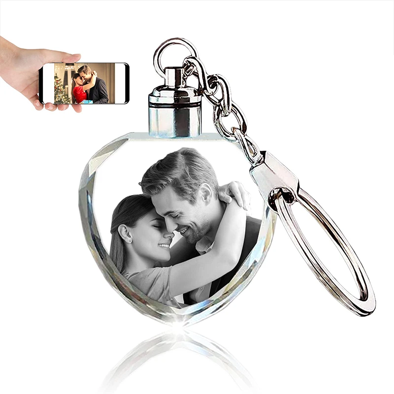 Custom Crystal Photo Keychain 3D Innovation Personalized Custom Laser Engraved Photo Crystal Colored Lighting Keychain Gift