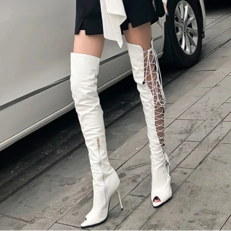 2024 Open Toe White Women's Over The Knee Boots Sexy Stiletto Heels Lace Up Knee High Boots Fashion Cross Tied Catwalk Boots